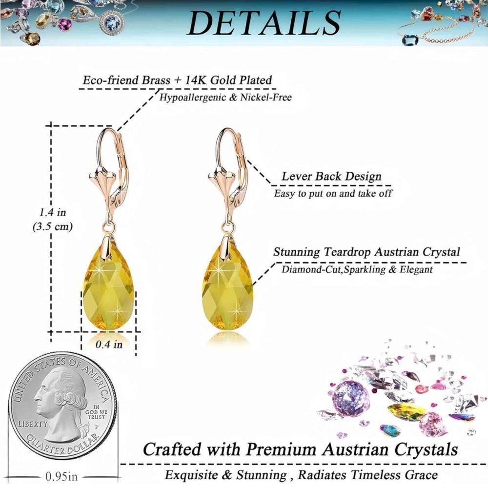 14K Yellow Gold with Yellow Citrine Austrian Crystal Teardrop Leverback Earrings - Picture 6 of 7